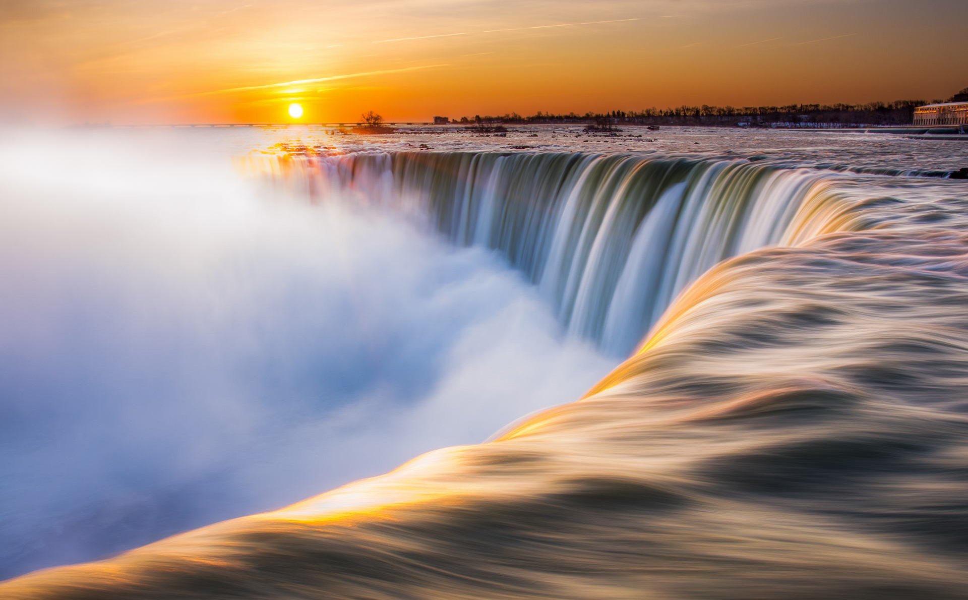 wodospad niagara kanada niagara rzeka zima poranek słońce