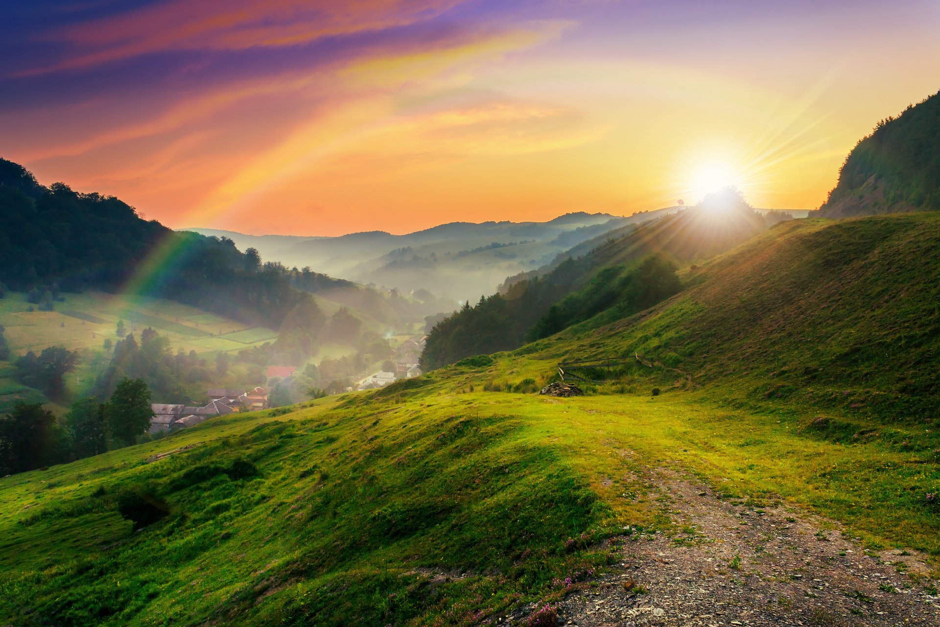 mountains trees clearing sun rays nature lawn sun