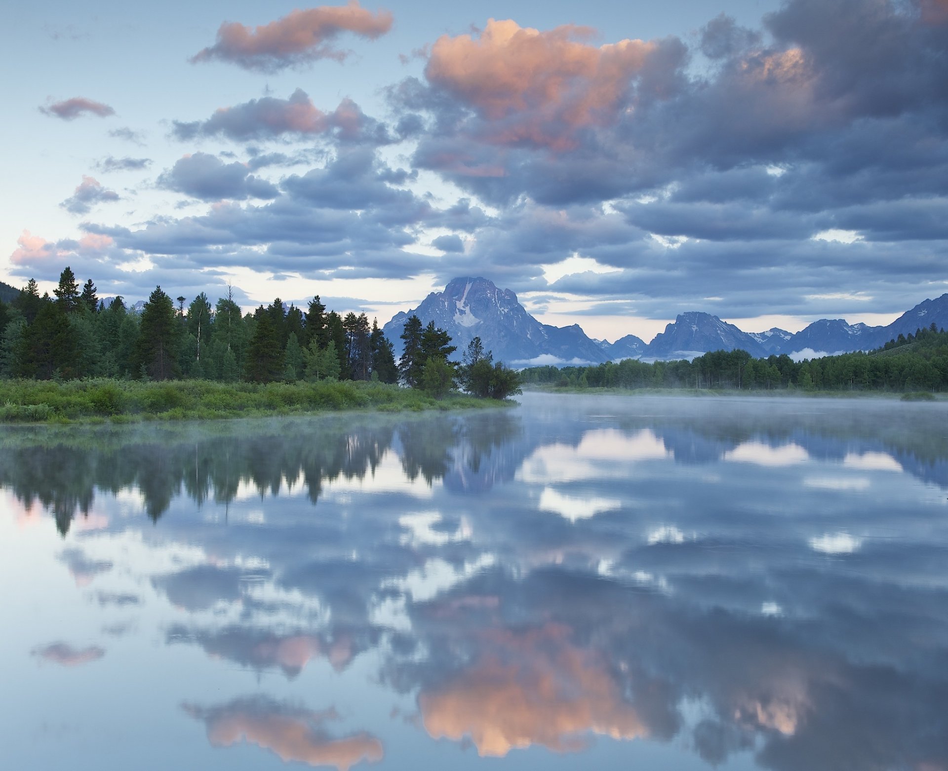 stany zjednoczone wyoming park narodowy grand teton zakręt rozlewiska góry rzeka las drzewa niebo chmury odbicie