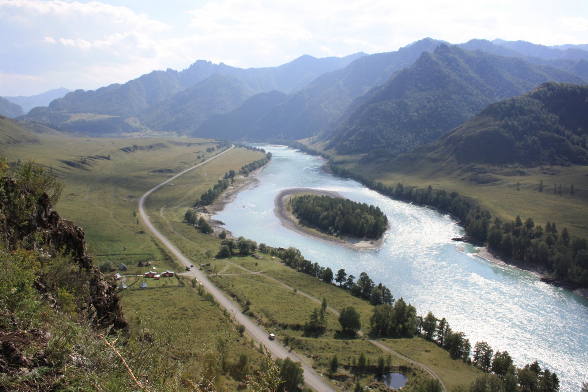 mountain slope river island forest katun landscape