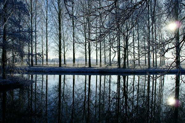 Reflet du soleil dans le lac d hiver