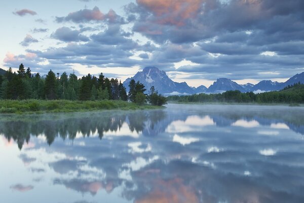 Reflection of the green forest in the lake