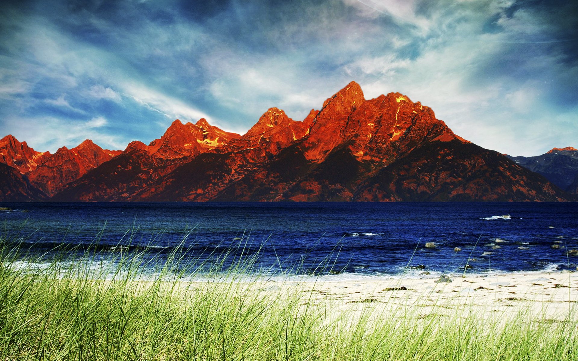 natur berge fluss gras himmel wolken