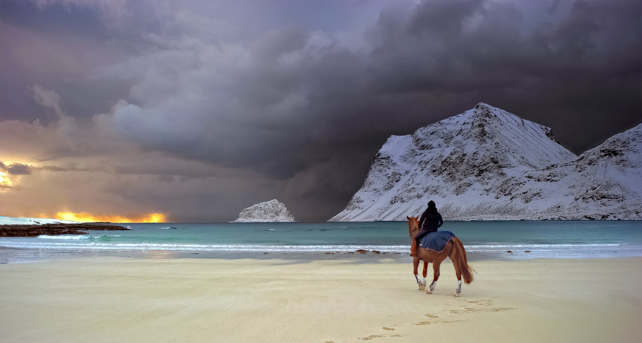 mar montaña nieve arena orilla lluvia nubes chica caballo surf