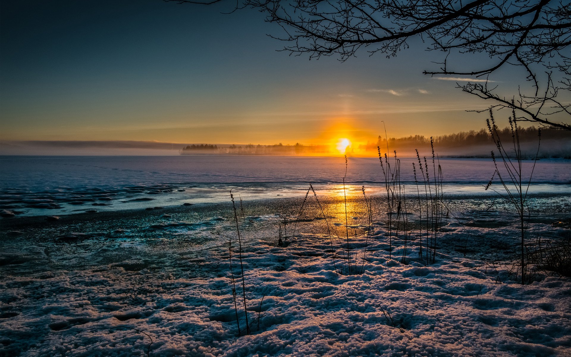 coucher de soleil soleil froid neige hiver herbe sec glace lac