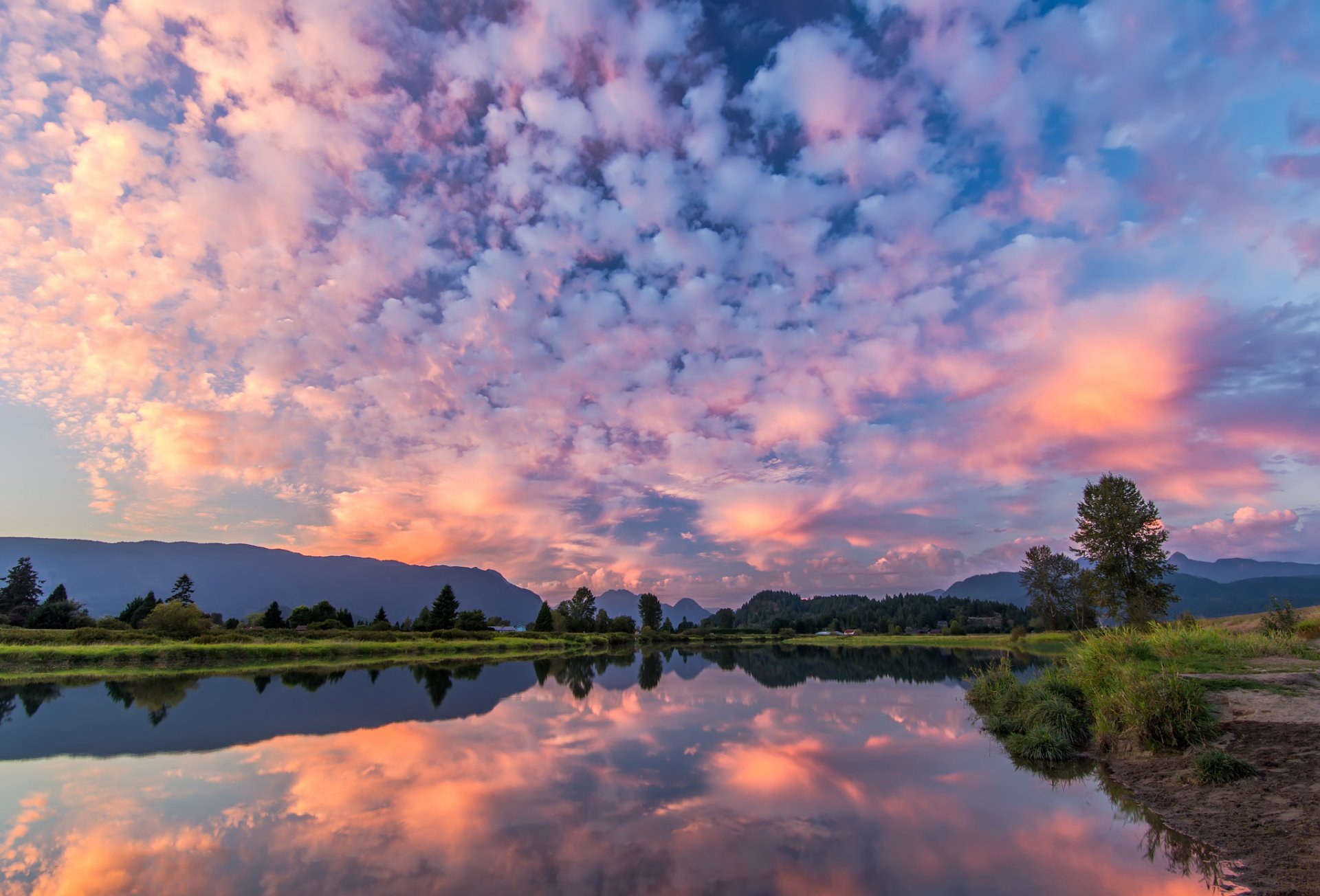 dawn lake sky clouds mountain