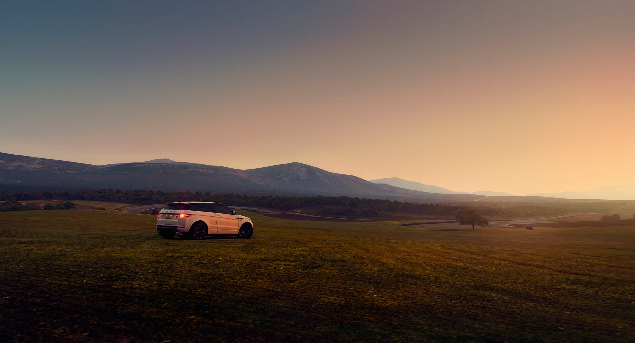 feld hügel sonnenuntergang auto land rover range rover evoque