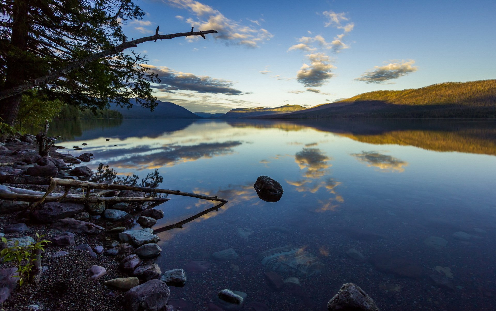 sommer abend hügel see steine transparenz bäume reflexion