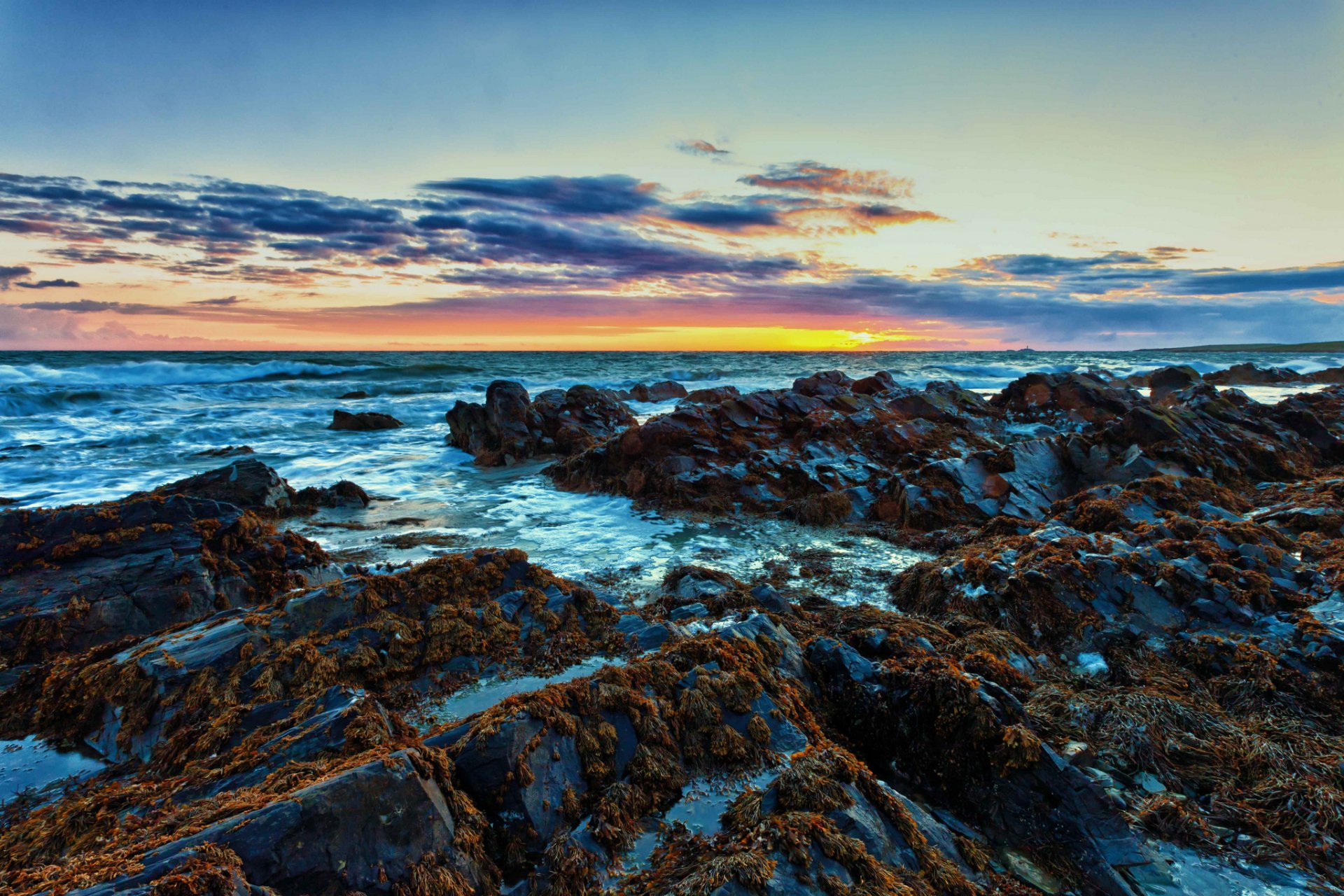 mar rocas algas espuma olas horizonte sol amanecer