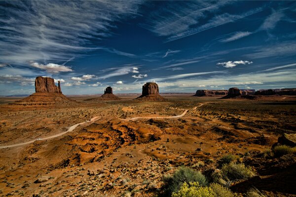 Monument Valley in the USA under a blue sky