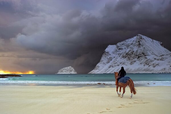 Девушка верхом на лошади на фоне прибоя
