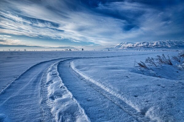 Der Winterweg in der blauen Dämmerung