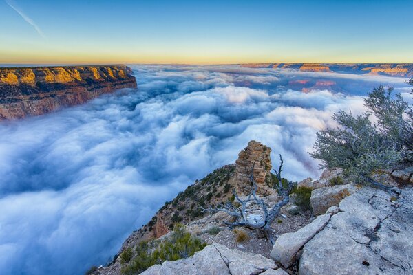 Morning landscape of the misty Grand Canyon