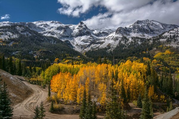 The road between the mountains and the autumn forest