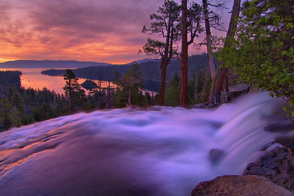 Nature landscape waterfall at sunset