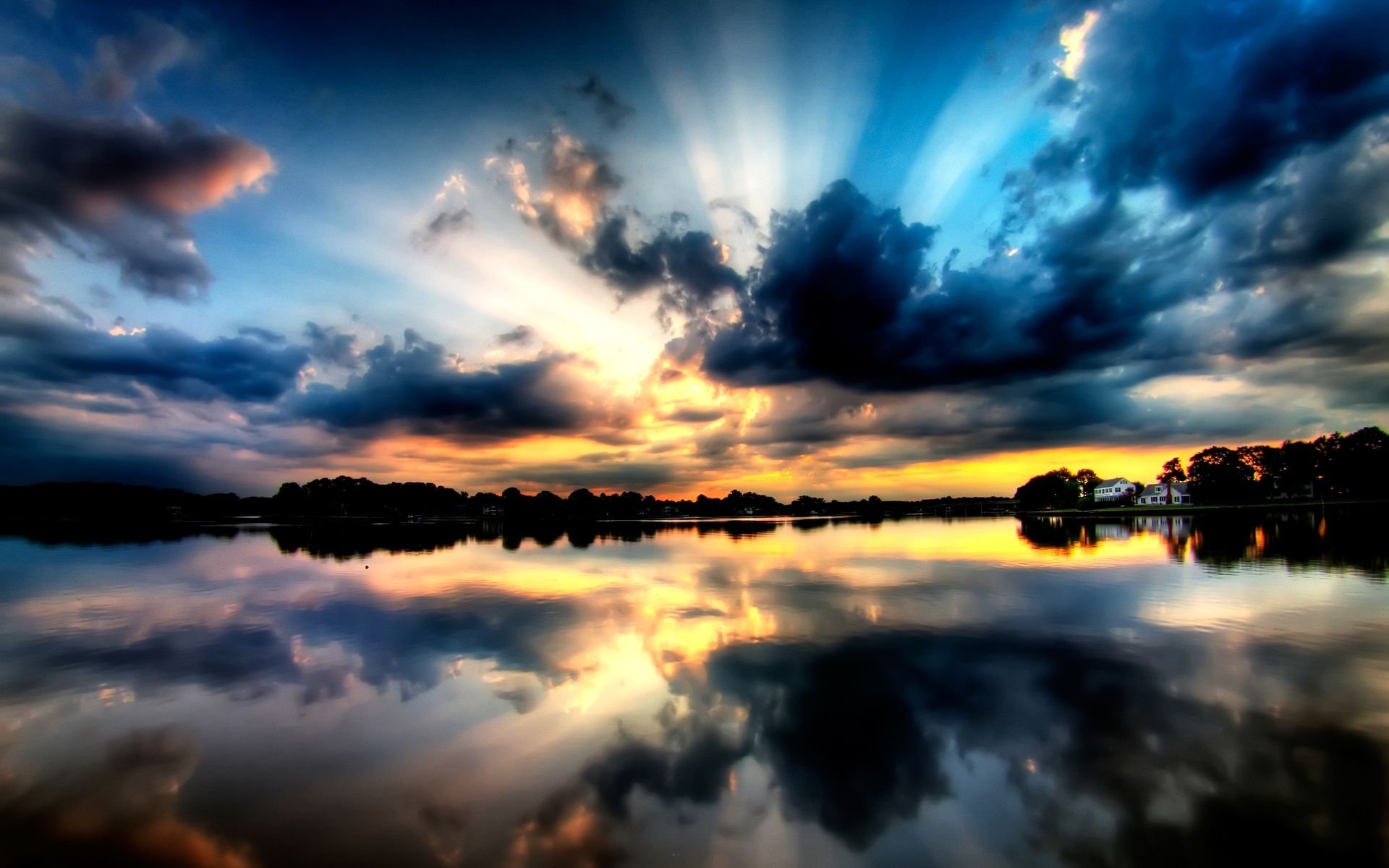 coucher de soleil ciel lac forêt