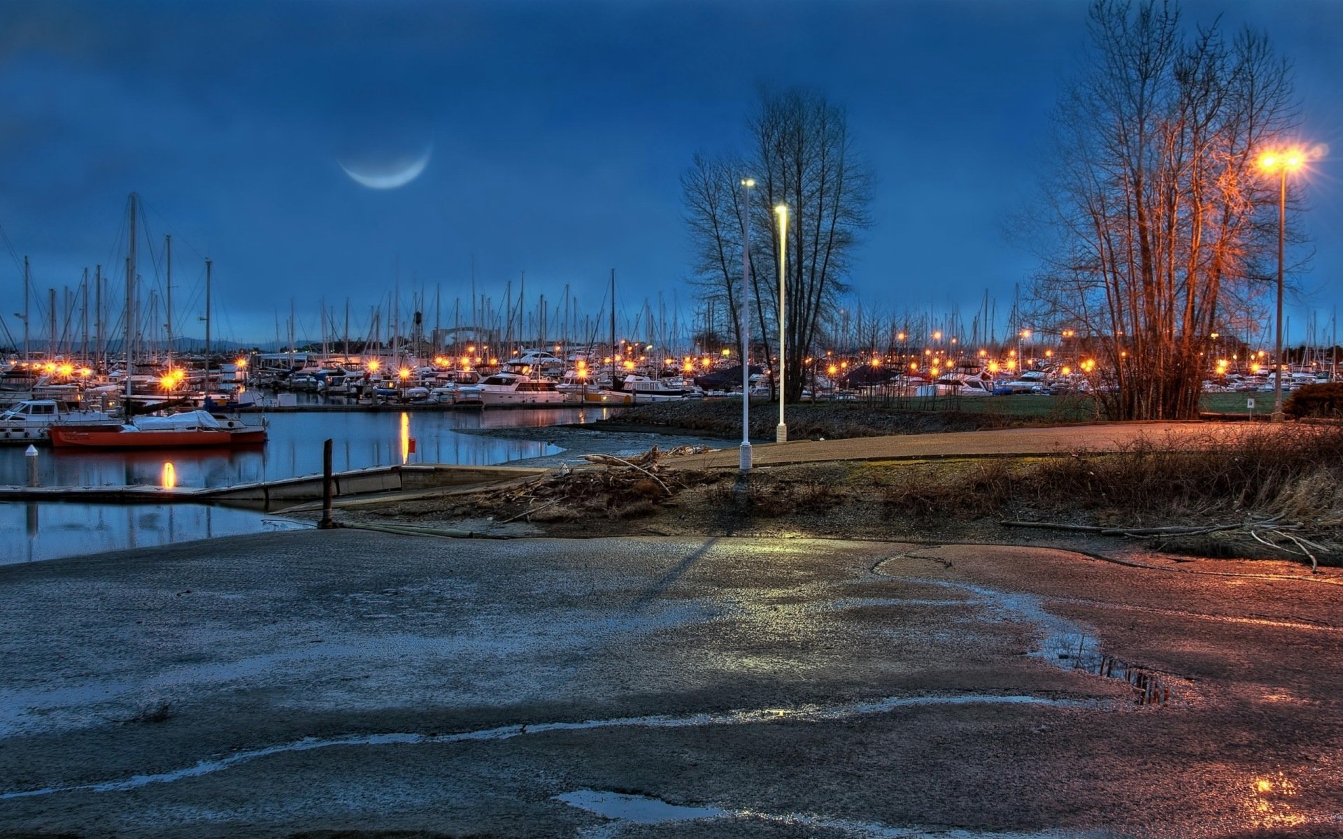 sera molo fiume yacht lanterne cielo luna