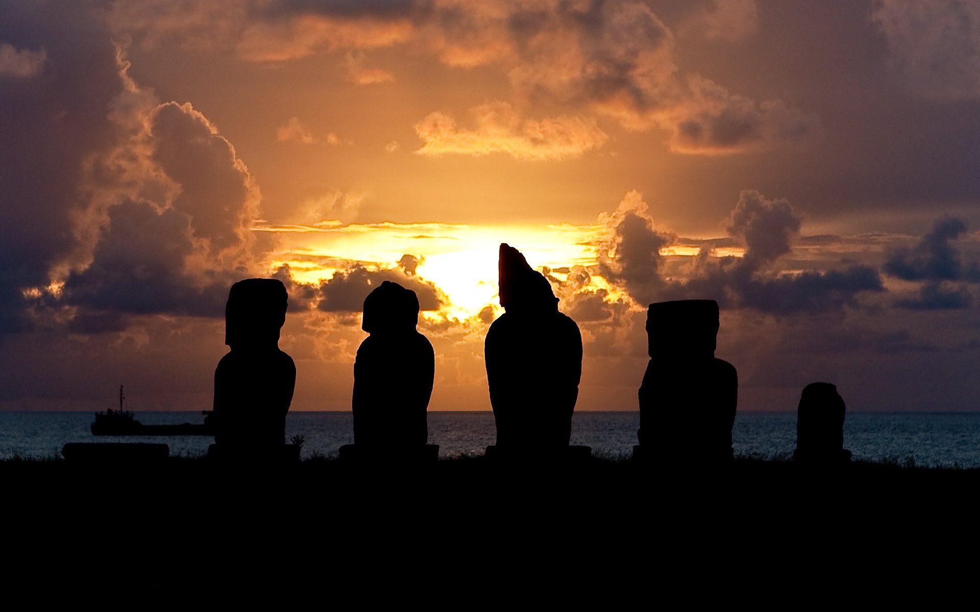 island easter statues idols sunset sea