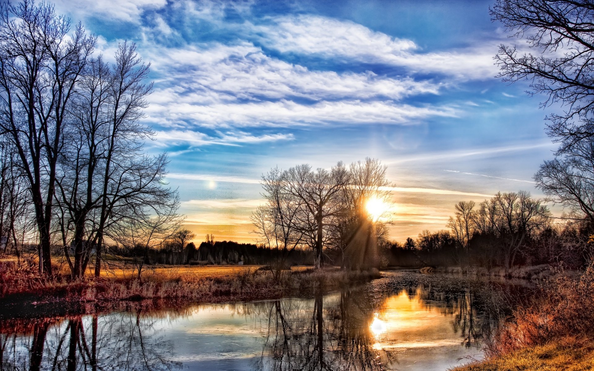 printemps rivière rivage arbres coucher de soleil