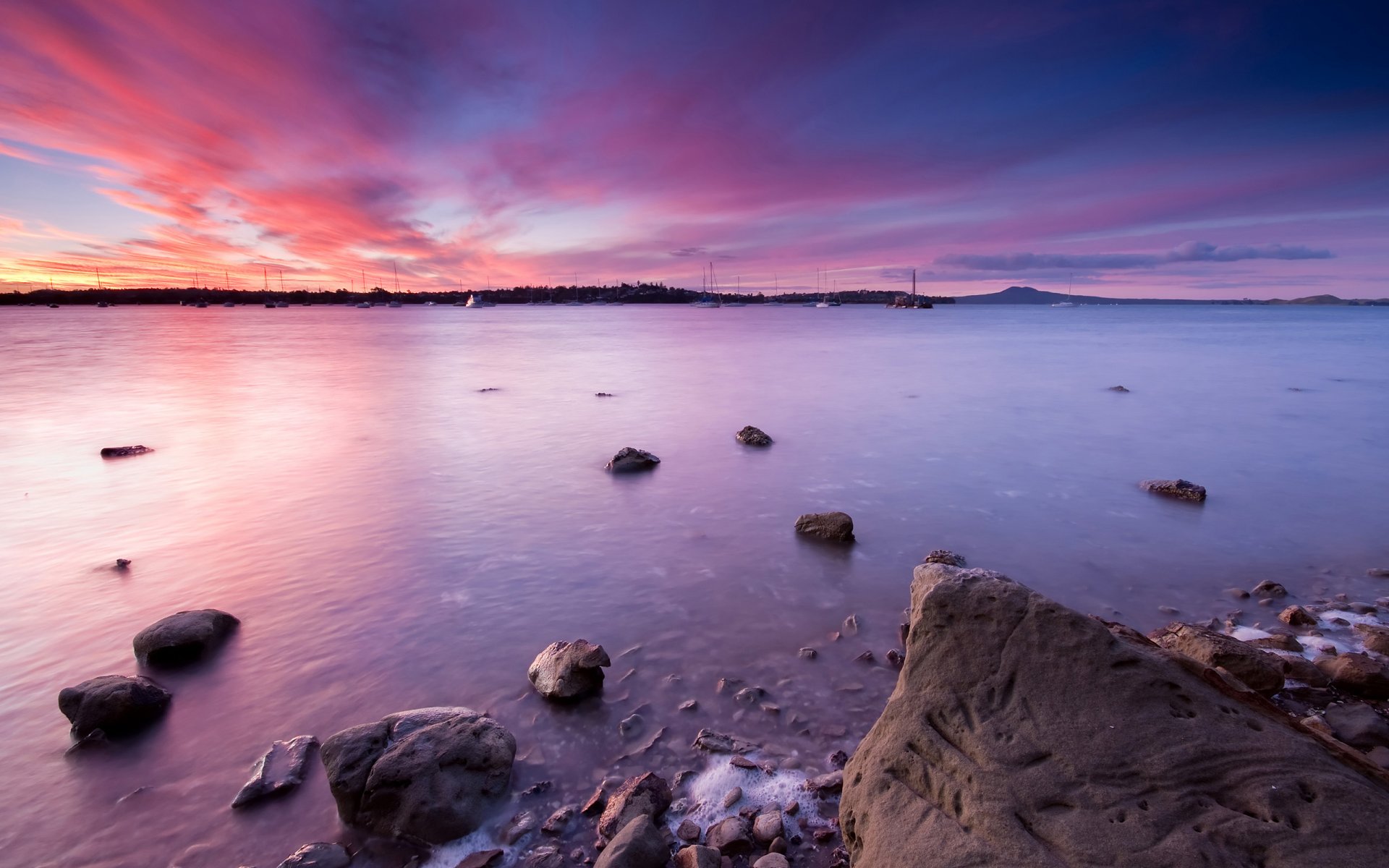 demi moon bay coucher de soleil auckland nouvelle-zélande