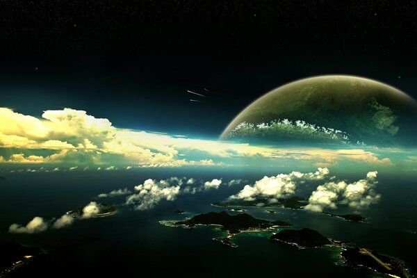 Photos of islands from the stratosphere. Moon and meteors