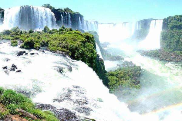 Panorama of Iguazu Falls and rainbows