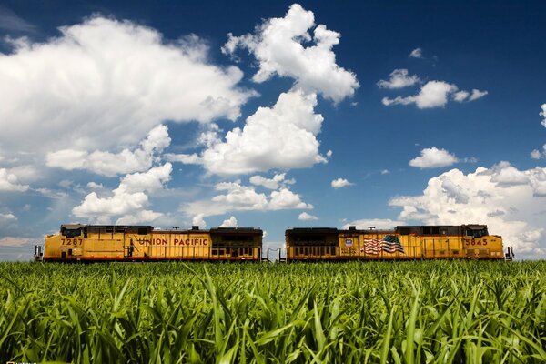 Locomotora diesel con la imagen de la bandera estadounidense en el fondo de la hierba