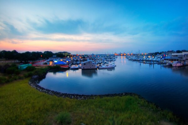 A small bay in the evening lights