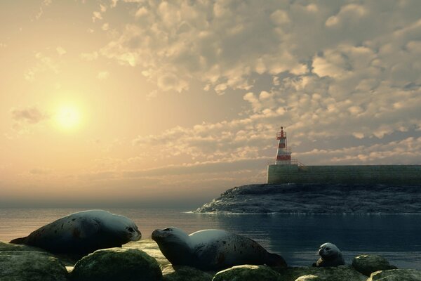 Landscape with a lighthouse and animals on the shore