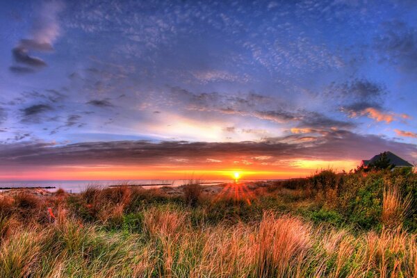 Picturesque sunset on the background of a beautiful field