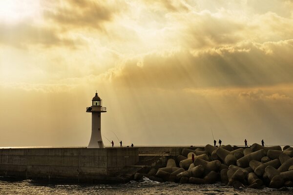 Pesca en la playa junto al faro bajo los rayos del sol