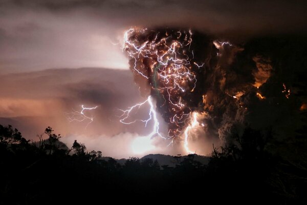 Volcanic eruption at night in Chile