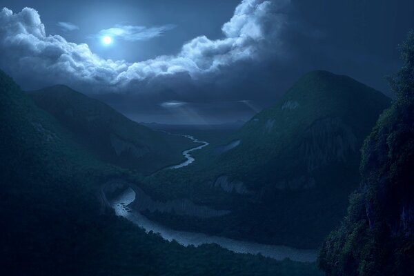 Lune fabuleuse sur la rivière de nuit