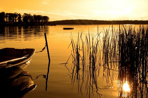Bateau sur le lac pendant le coucher du soleil