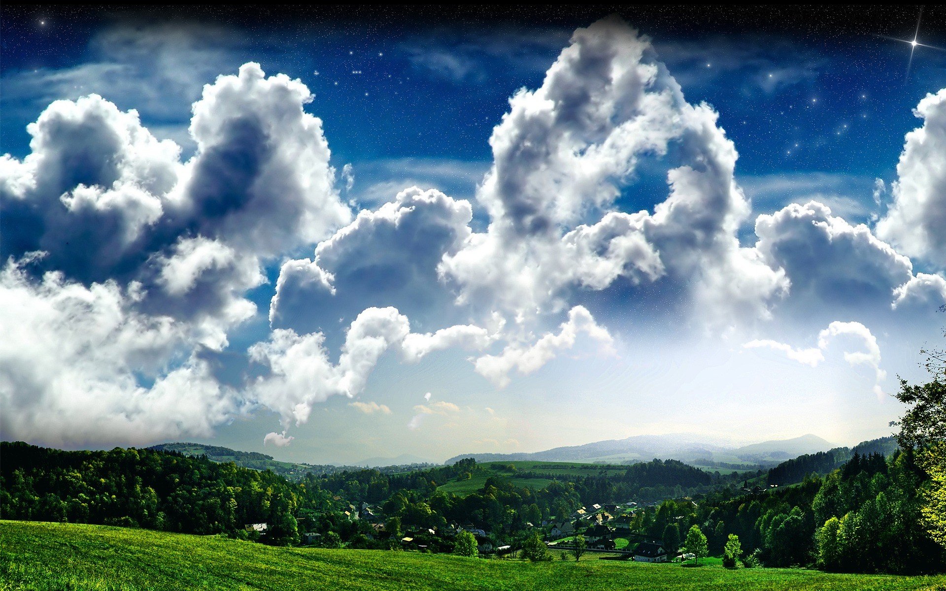 collines nuages ciel arbres