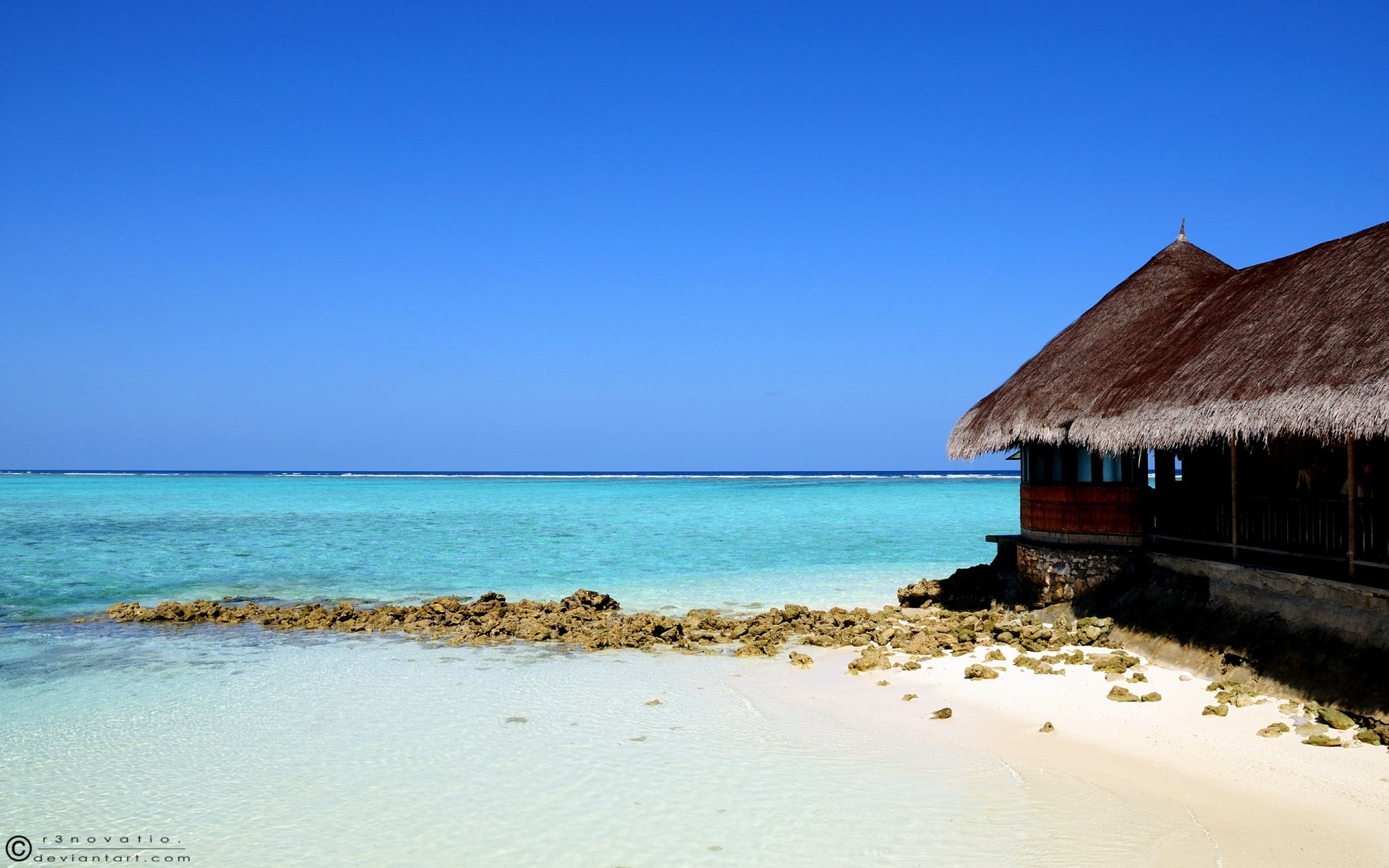 meer hütte sand blau insel wasser