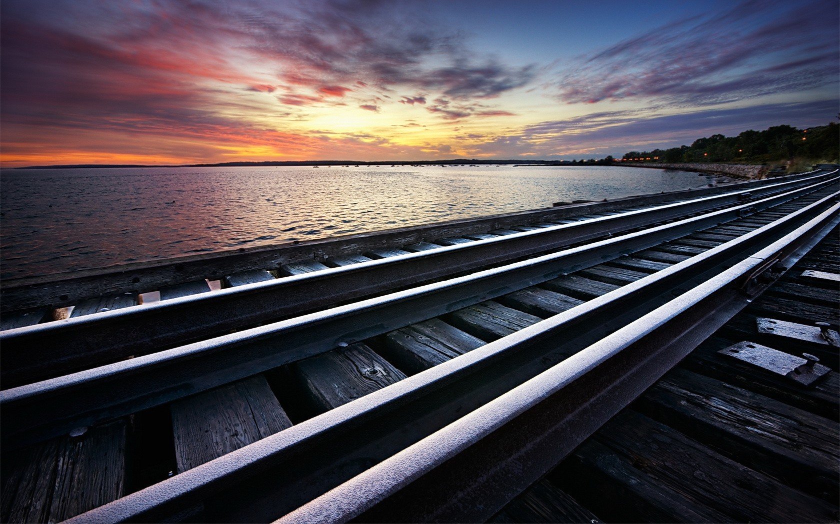 unset lake railroad rails frost