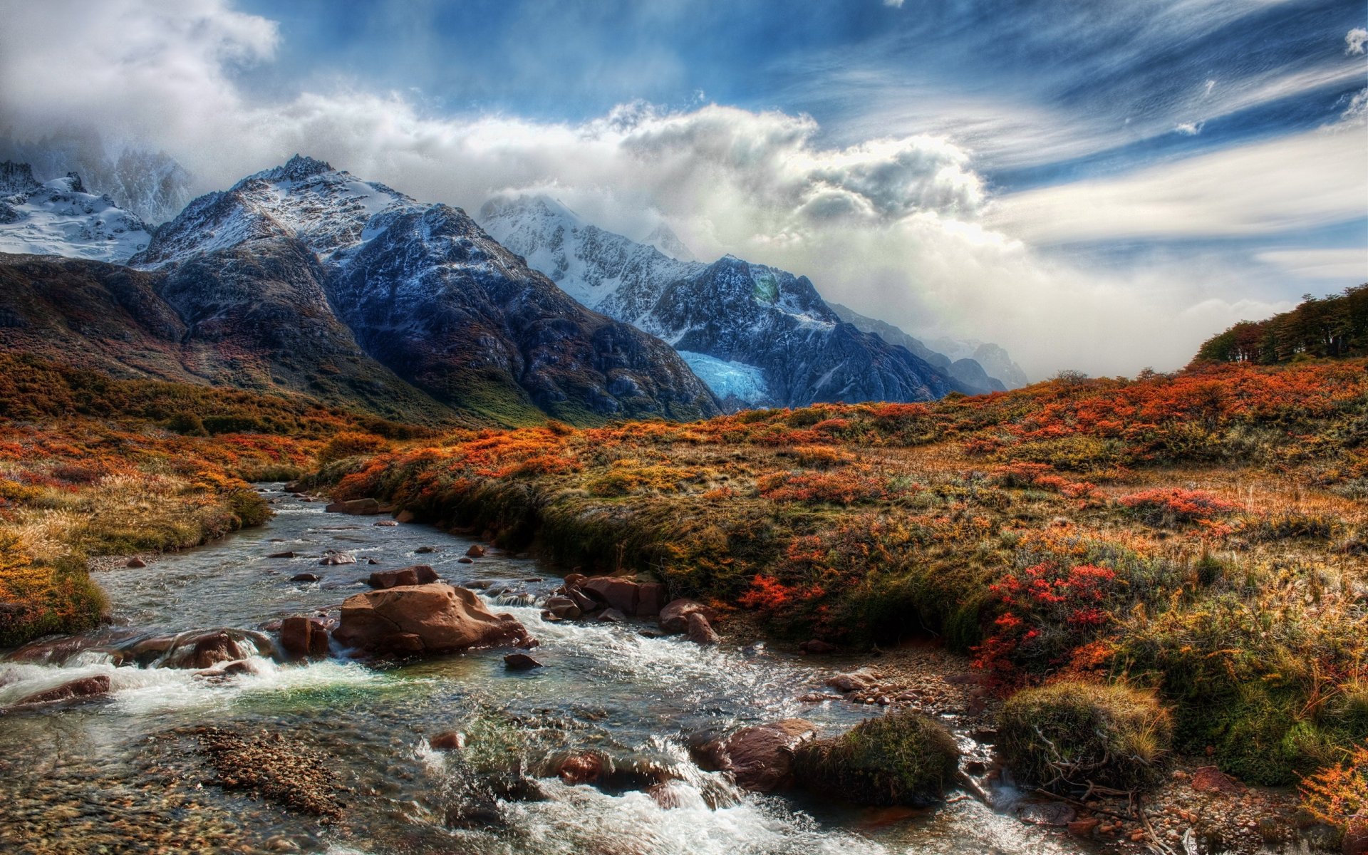 mountain river clouds sky