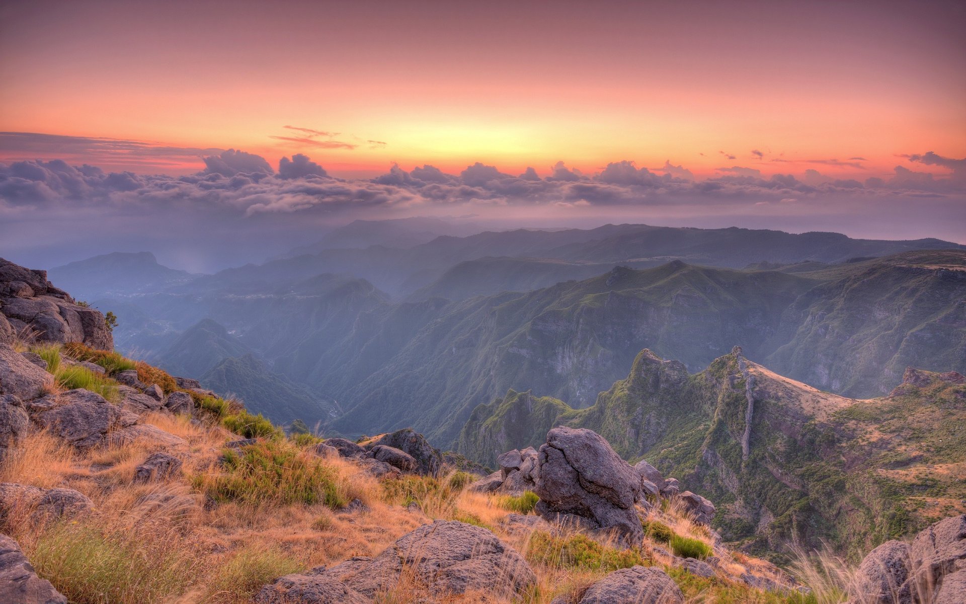 mountain clouds stones slope