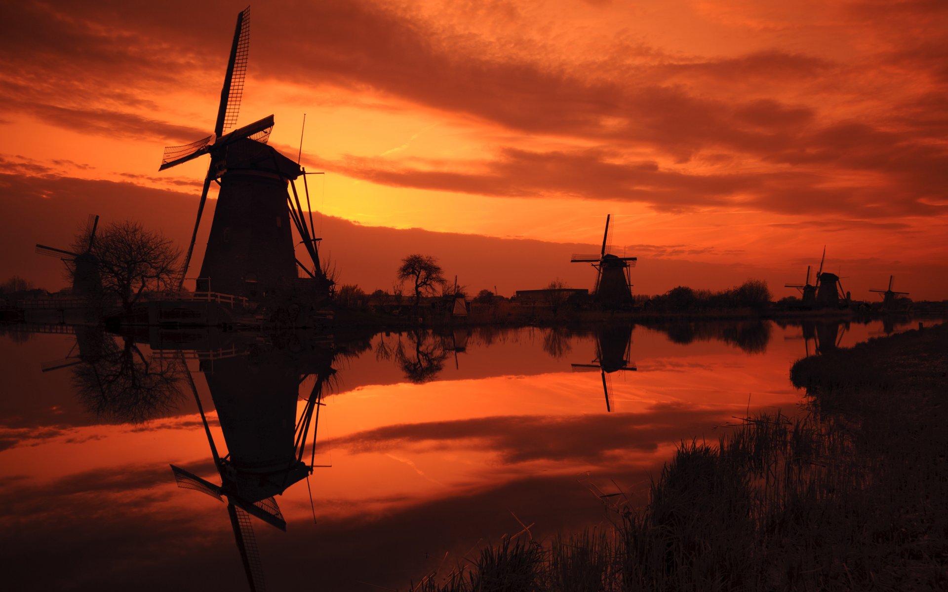 kinderdijk sunset the netherlands mill windmills sky