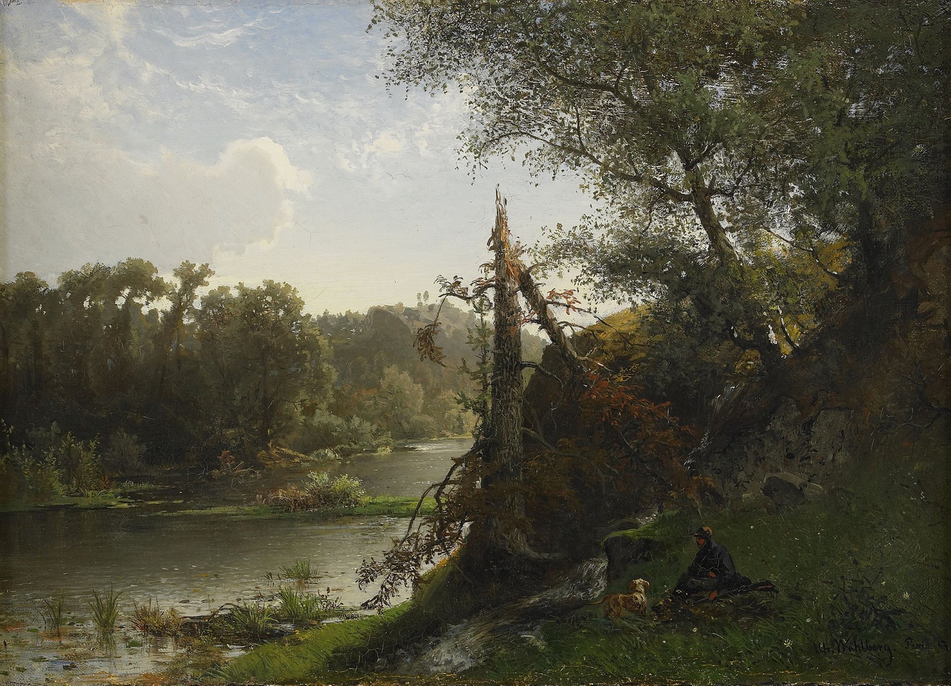 alfred walberg flusslandschaft mit jäger und hund fluss natur