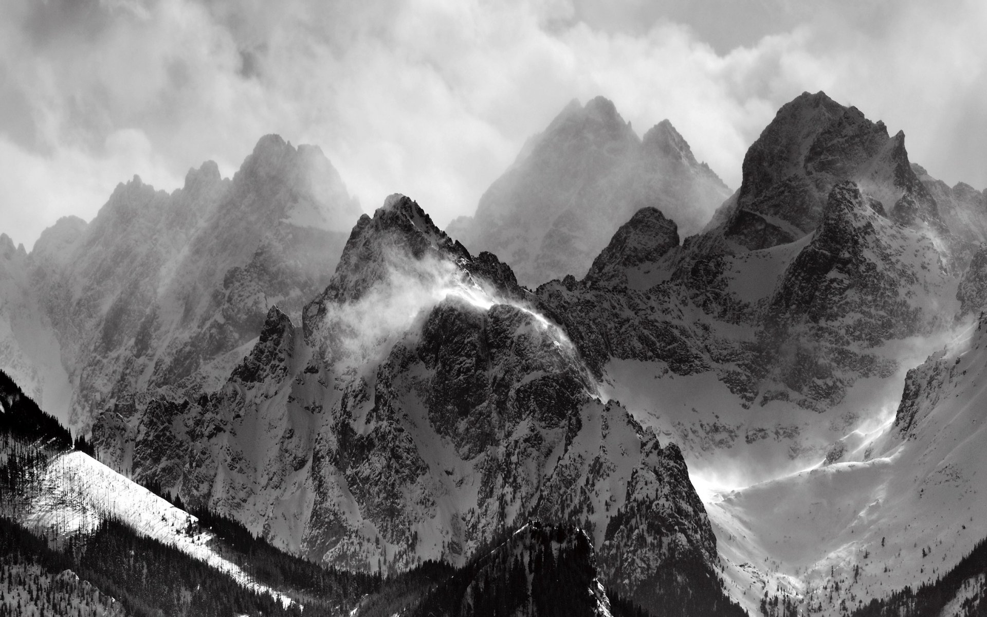 mountain snow clouds black and white