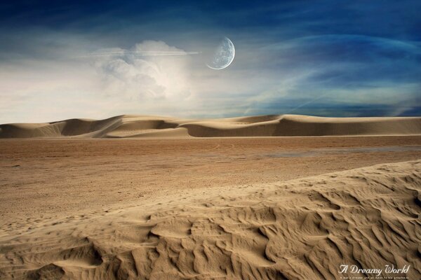 Пустыня. луна в пустыне. песчаные барханы
