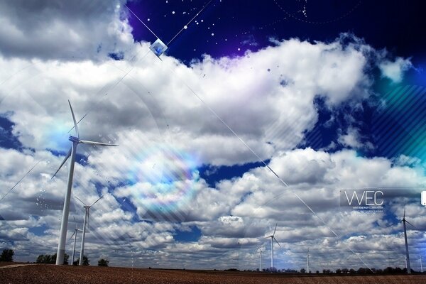 Windmills on the background of the starry sky