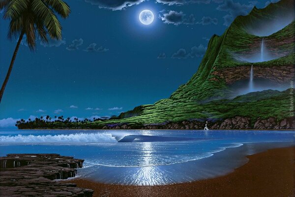 Nocna Wyspa księżyc i Ocean