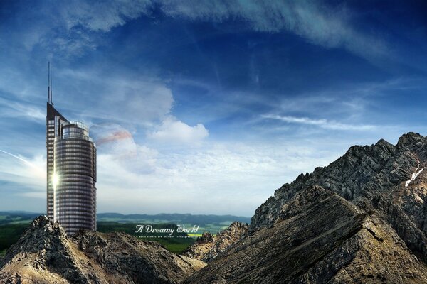 Futuristic skyscraper and ancient rock