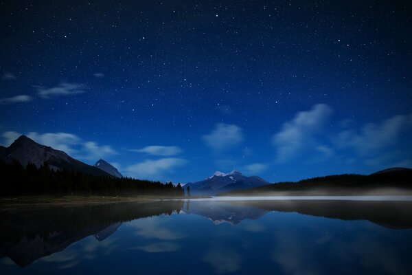 Cielo estrellado nocturno sobre el lago