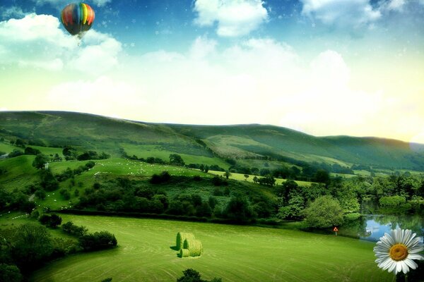 Rainbow balloon over green hills