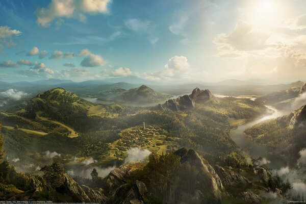 Mountains and clouds, and in the center of the valley