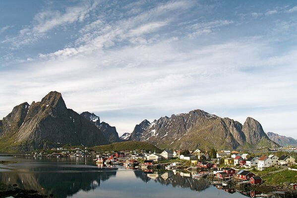 Reflection of the village and the sky in the water